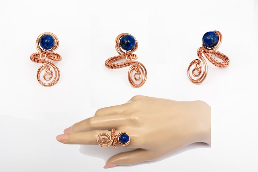 Lapis Lazuli Wire wrapped Copper adjustable ring ,copper ring, 