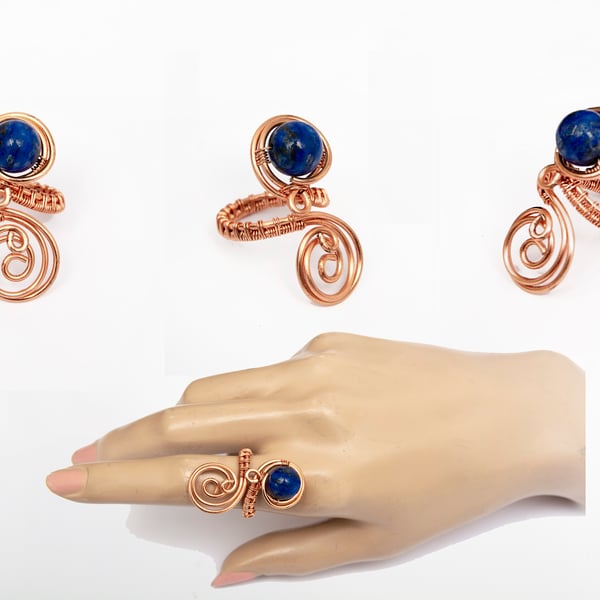 Lapis Lazuli Wire wrapped Copper adjustable ring ,copper ring, 
