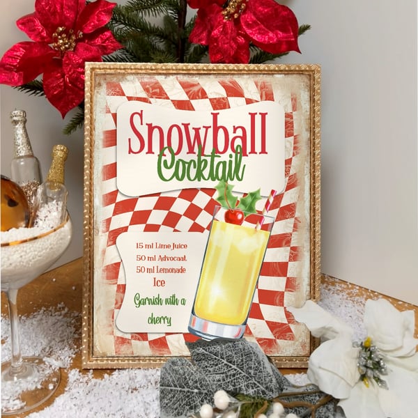 Retro 1950s Style Christmas Snowball Cocktail Sign Print , Home Bar Picture