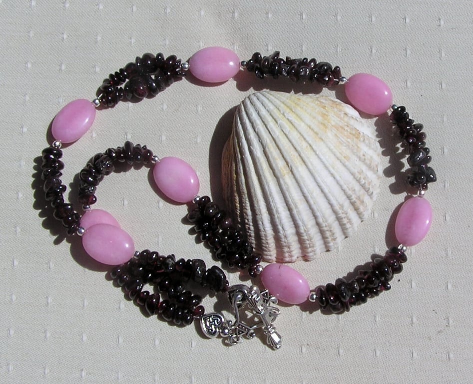 Red Garnet & Rose Quartz Crystal Gemstone Beaded Statement Necklace "Merlot"