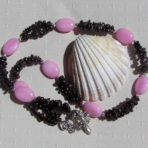 Red Garnet & Rose Quartz Crystal Gemstone Beaded Statement Necklace "Merlot"