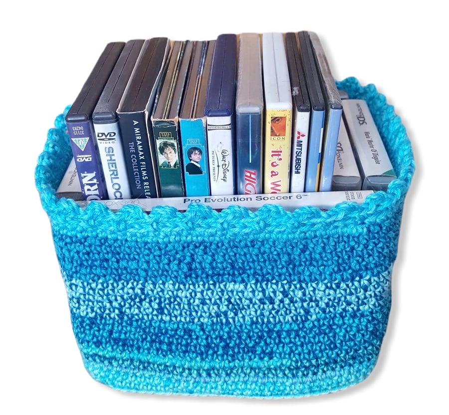 Handmade crochet square basket. No handles. Sturdy. Various shades of blue.