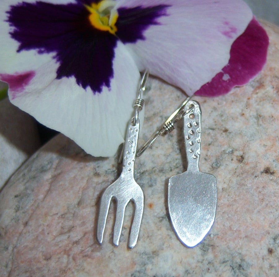 Gardeners trowel & fork earrings in sterling silver