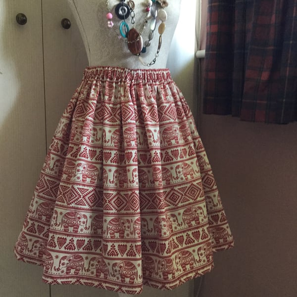 Retro 50s Festival Elephant Print Rockabilly Full Flared Skirt Size 14 16
