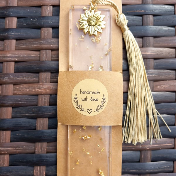 Resin bookmark gold with sunflower charm,Gift for book lovers Bookmark sunflower