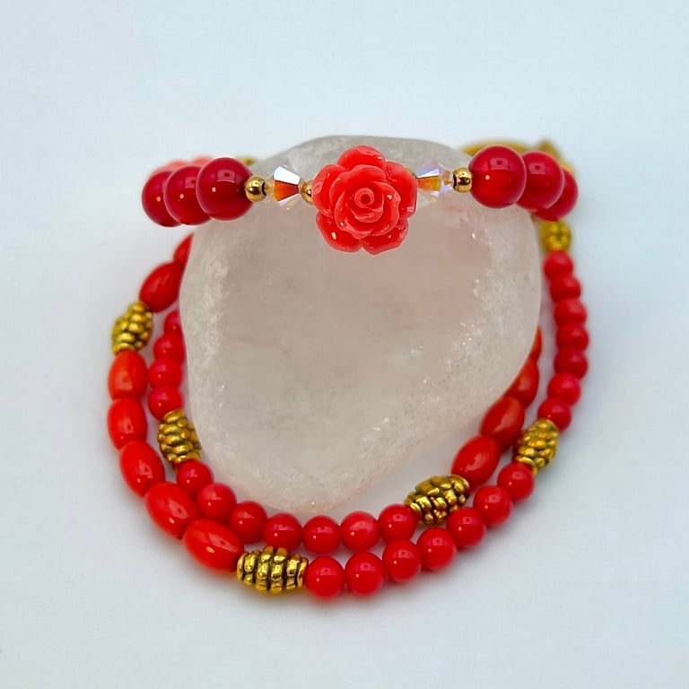 Red Bamboo Coral Necklace With Coral Rose, Birthday, Valentine, Mothers Day Gift