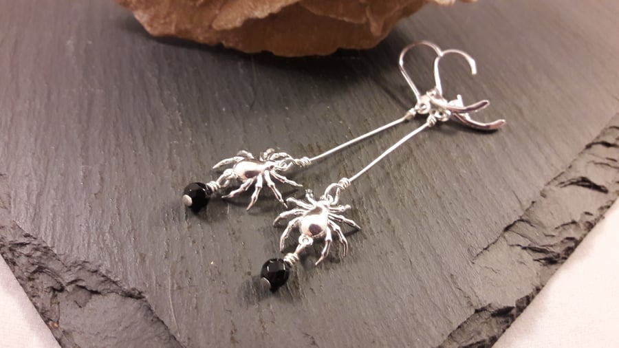 Sterling Silver Spiders with Black Agate Earrings