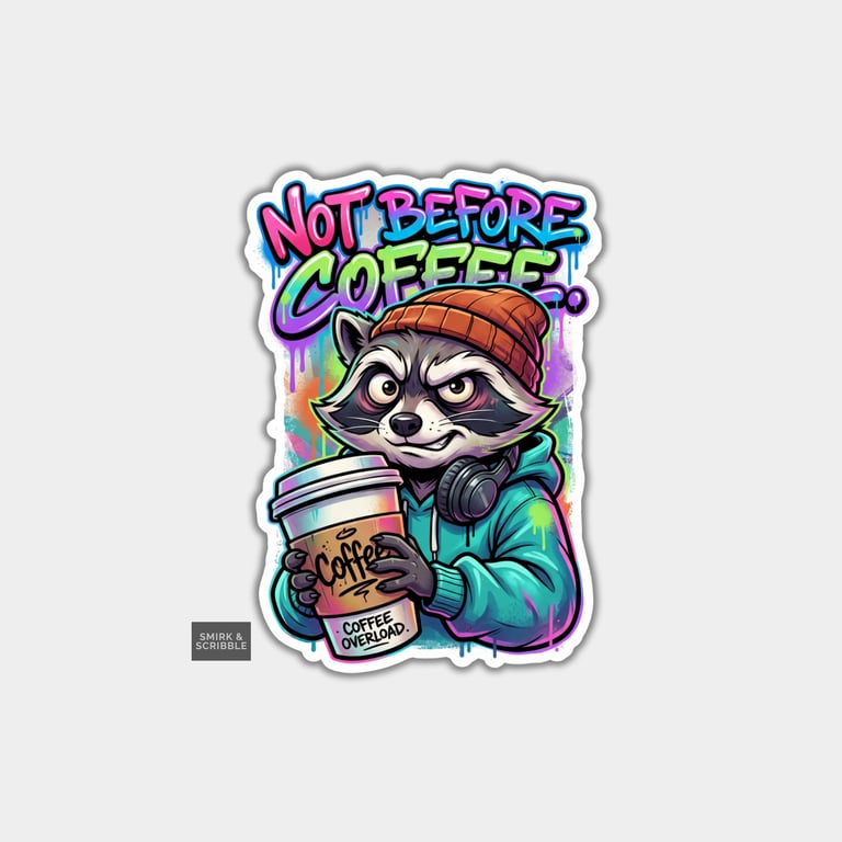 Funny Die Cut Vinyl Sticker - Not Before Coffee Grumpy Raccoon