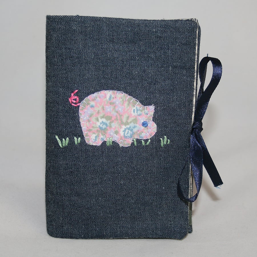 SALE - Embroidered Needle Book - Little Pig on Denim Blue