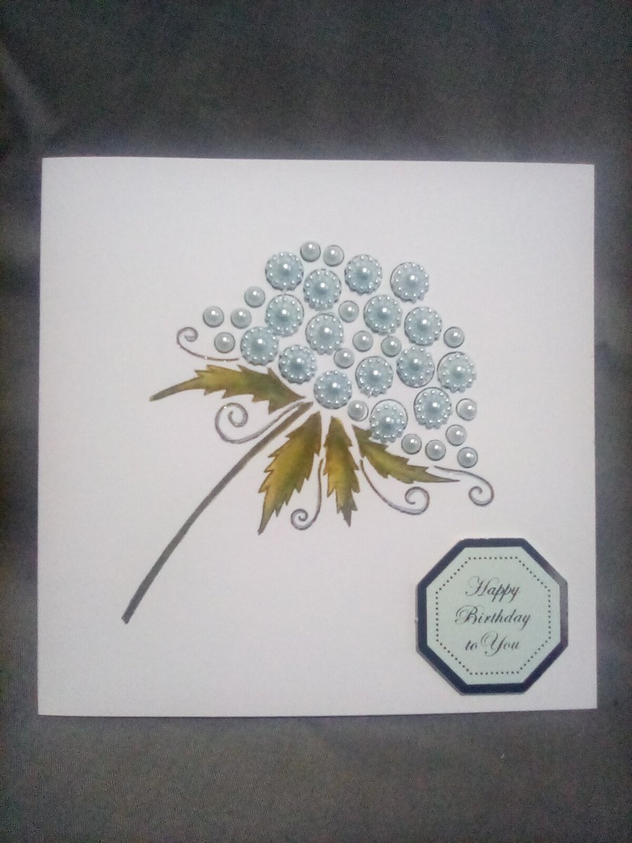 Pale blue pearl floral watercolour embellished handmade Birthday card