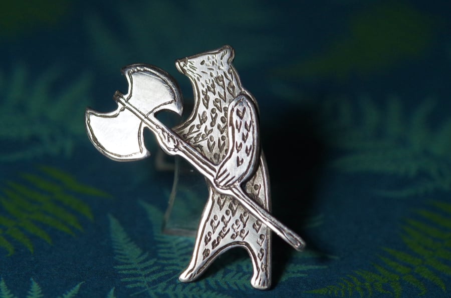 Medieval Bear with Axe lapel pin - Handmade Sterling silver pin badge