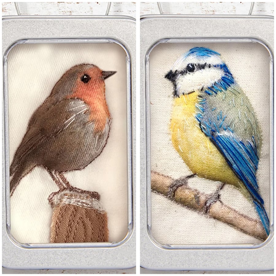 Robin & Bluetit - Beautiful Bundle - set of 2, 3D fabric birds, framed in tins 