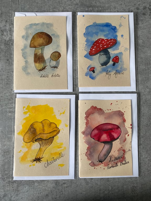 4 x watercolour original painting fungi art cards