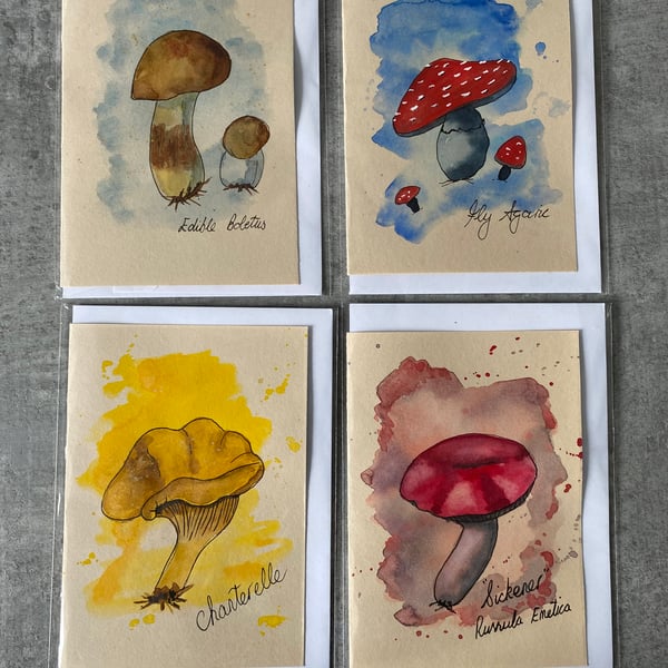 4 x watercolour original painting fungi art cards