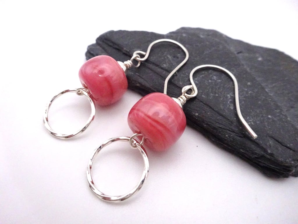 lampwork glass pink and sterling silver earrings