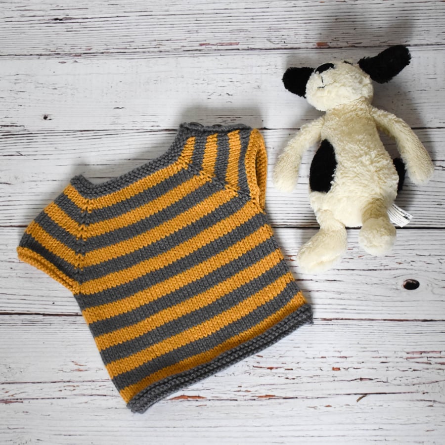 Hand Knitted Baby Top - Grey and Ochre stripes- 0-3months