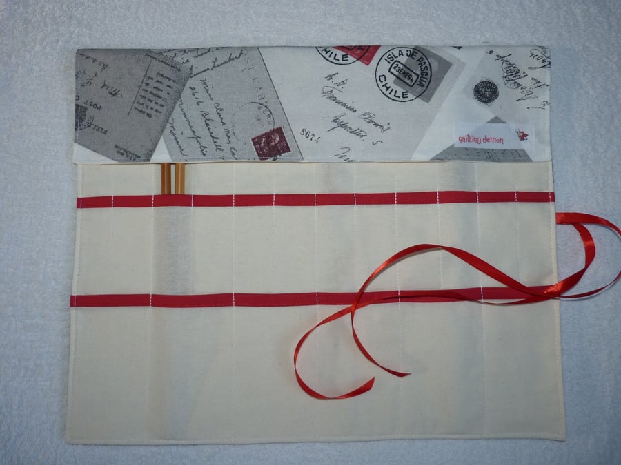 Knitting Needle Roll in Postcard and Stamp Design with 3 Pairs Bamboo Needles