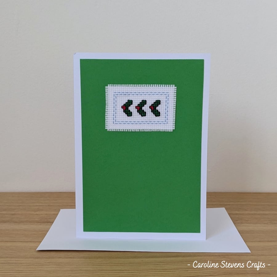 Holly Christmas card - cross stitch, green