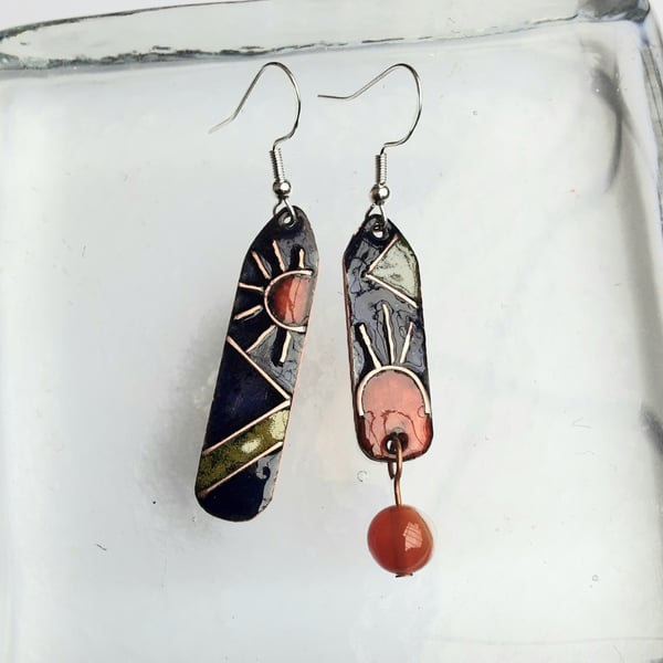 QUIRKY MODERN ABSTRACT ODD-BOD ENAMELLED EARRINGS WITH STERLING SILVER HOOKS