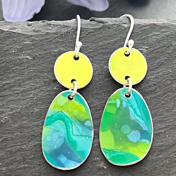 Hand Painted Aluminium Earrings - Lime, Green and Blue 
