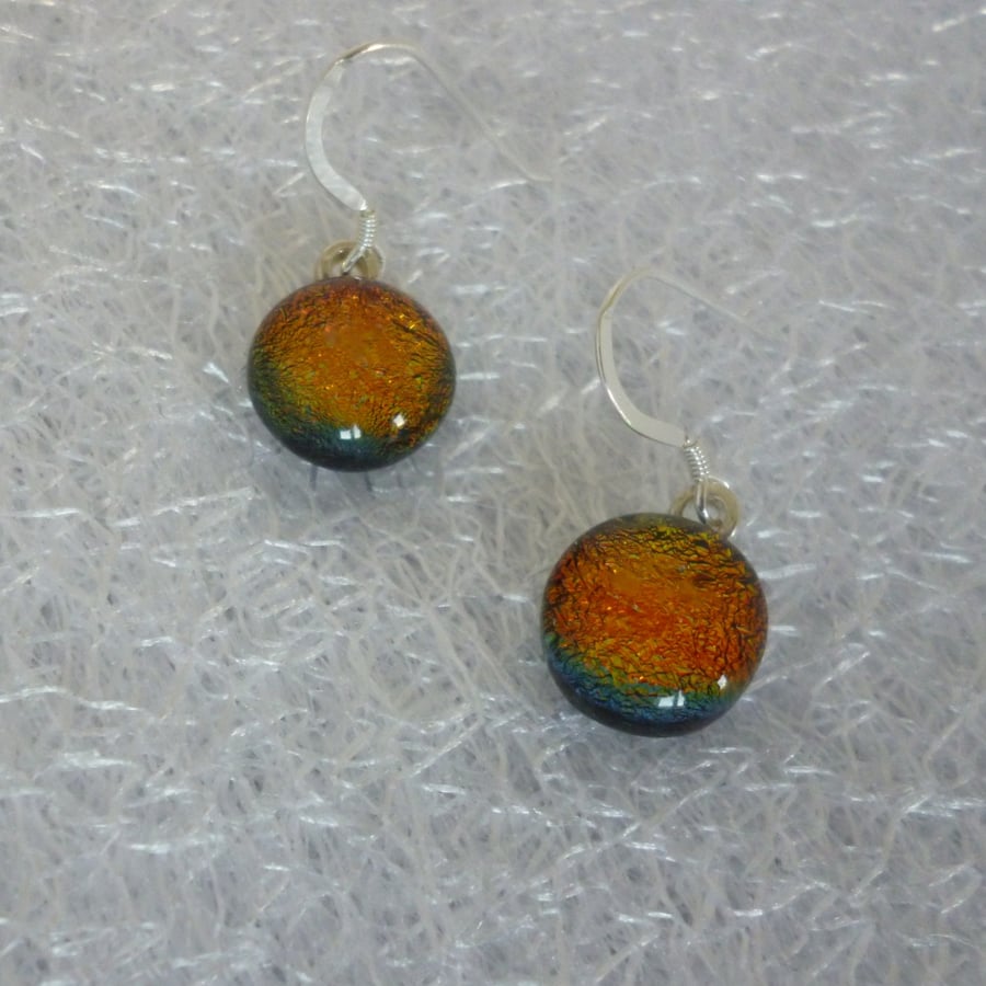 Fiery Orange Red Dichroic Fused Glass Earrings with 925 Sterling Silver Earwires