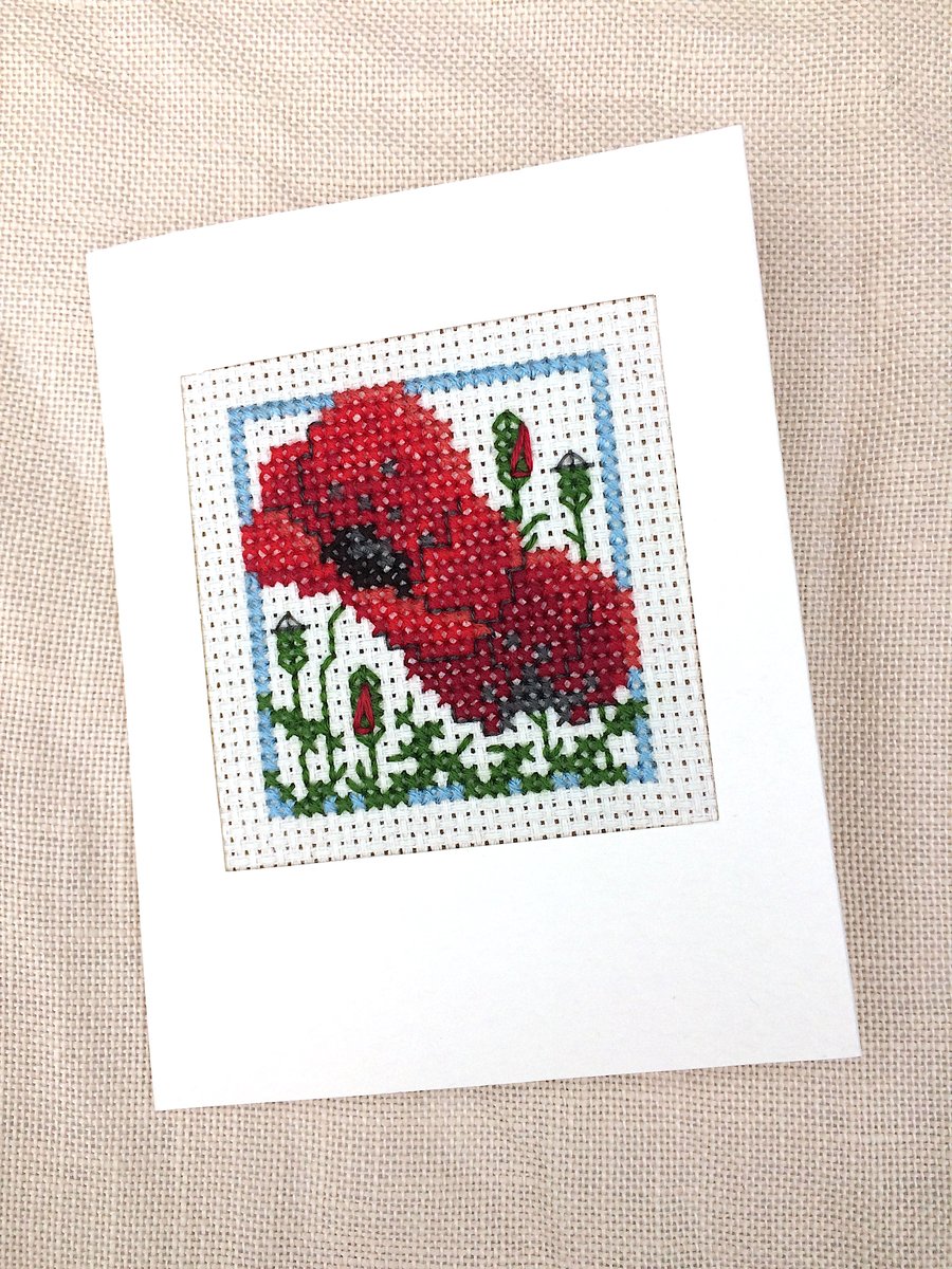 Remembrance. August Birthday Poppies. Miss You. Thank You. Cross Stitch Card