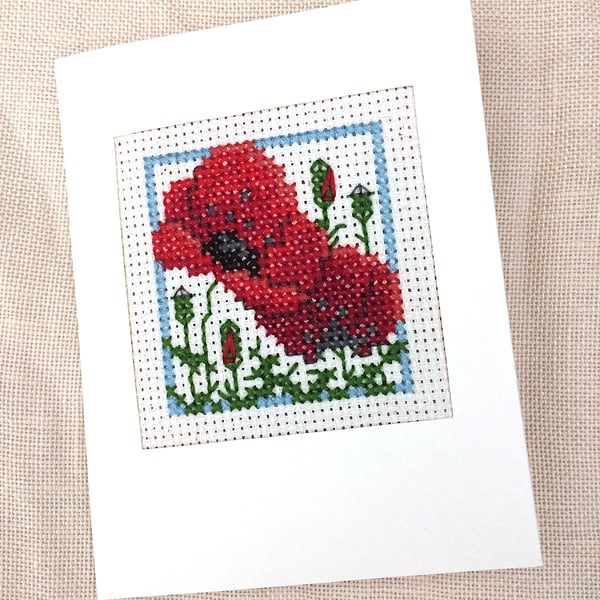 August Birthday Poppies. Miss You. Thank You. Cross Stitch Card