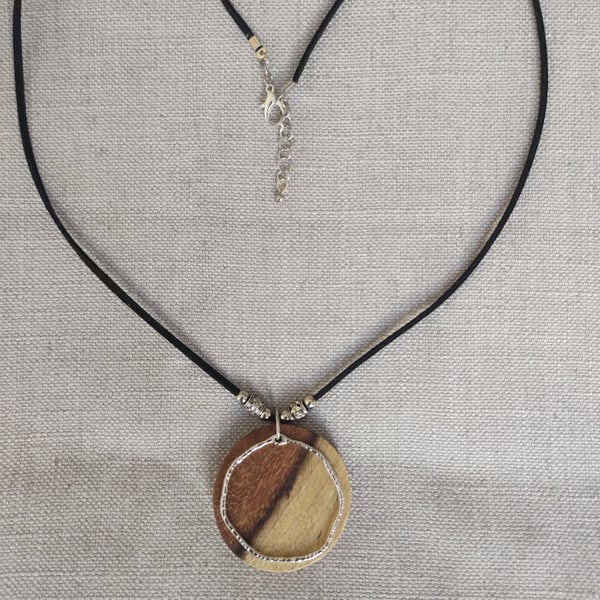 Upcycled Round Wood Pendant & Swinging Steel Ring Wood Jewellery