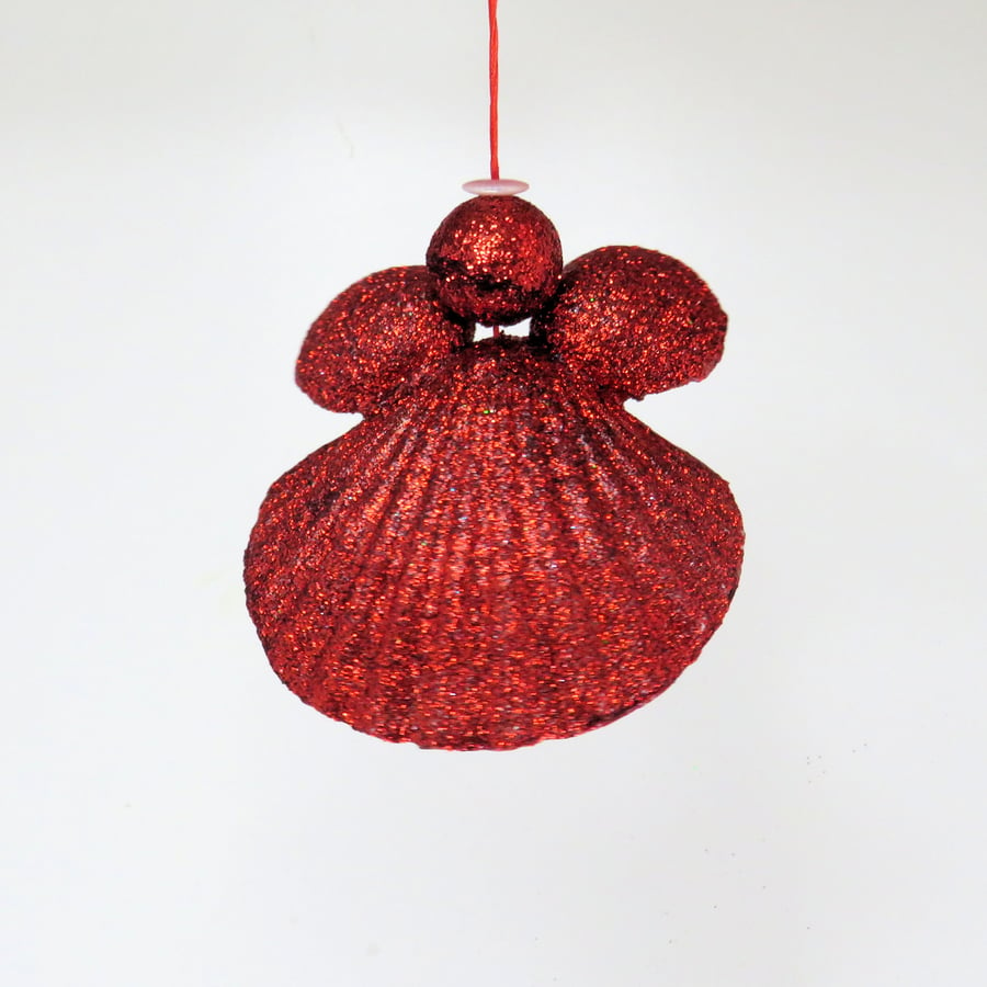 Cute handmade guardian angel ornament Christmas or Yule glittering red shell
