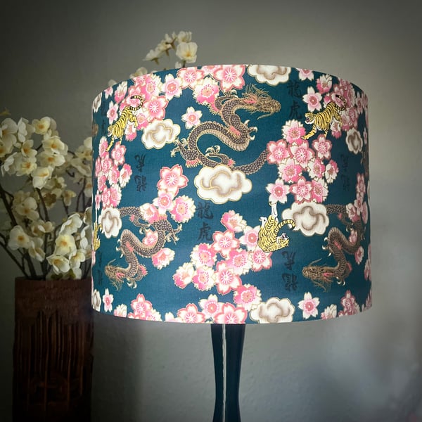 Tigers, Dragons, and Cherry Blossoms Lampshade, Teal