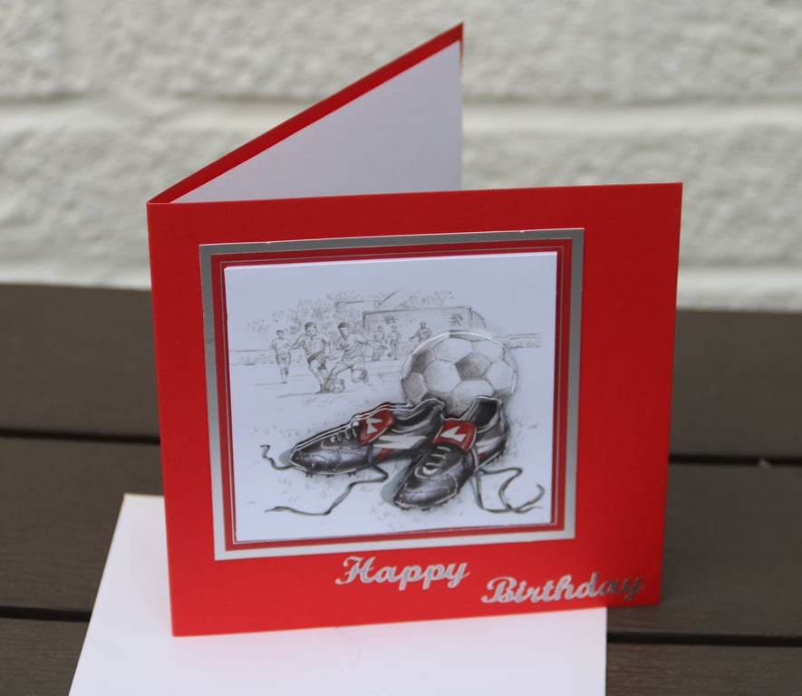 Football birthday card - 3d design, football boots & ball, 6x6" card & envelope
