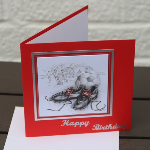 Football birthday card - 3d design, football boots & ball, 6x6" card & envelope