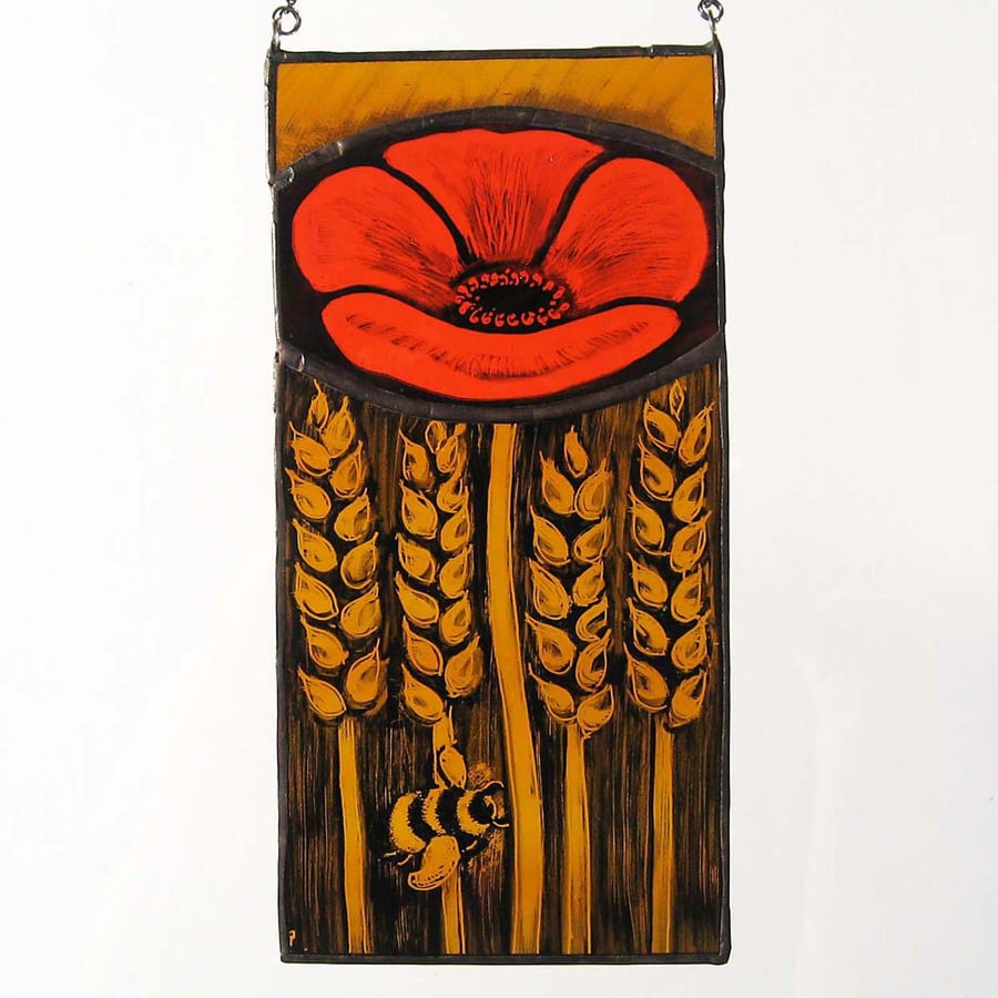 Poppy, Wheat & Bumble Bee - Stained Glass Panel