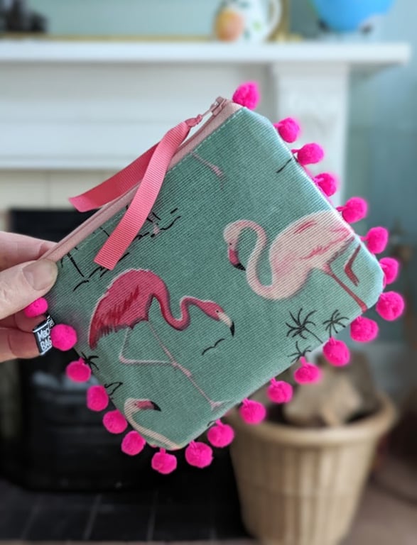 Flamingo Print Oilcloth and Vibrant Pink Pom-pom Pouch Purse P&P included