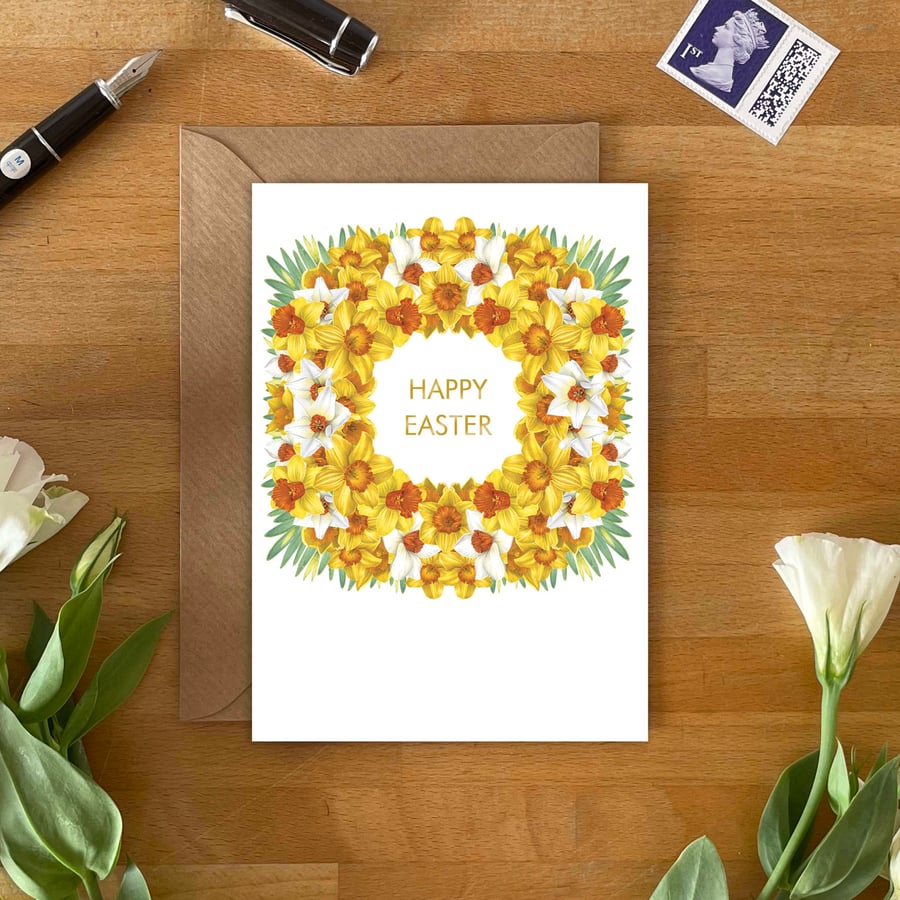 Easter Greetings Card – Daffodil Wreath Spring Floral Design