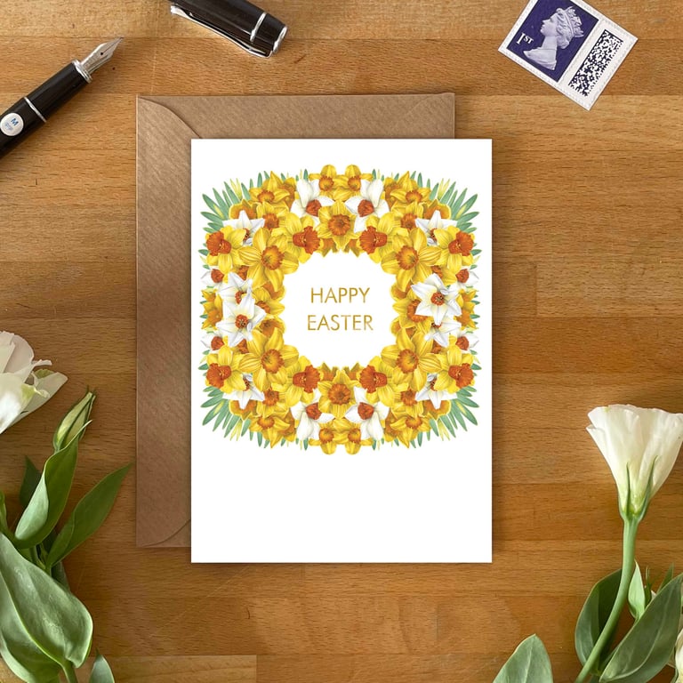 Easter Greetings Card – Daffodil Wreath Spring Floral Design