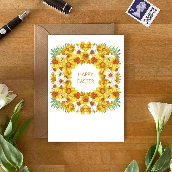 Easter Greetings Card – Daffodil Wreath Spring Floral Design