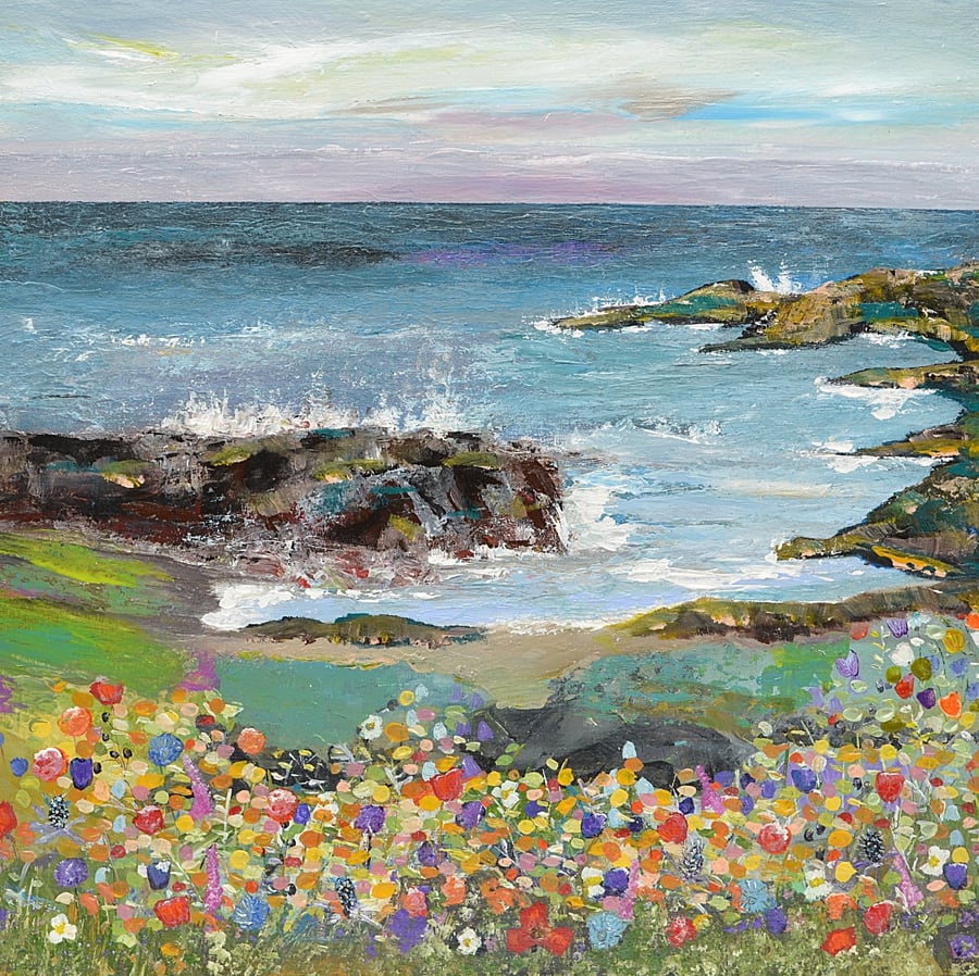 A Modern Acrylic Painting of a Scottish Coastline. Ready to Hang. 12x12 inches.