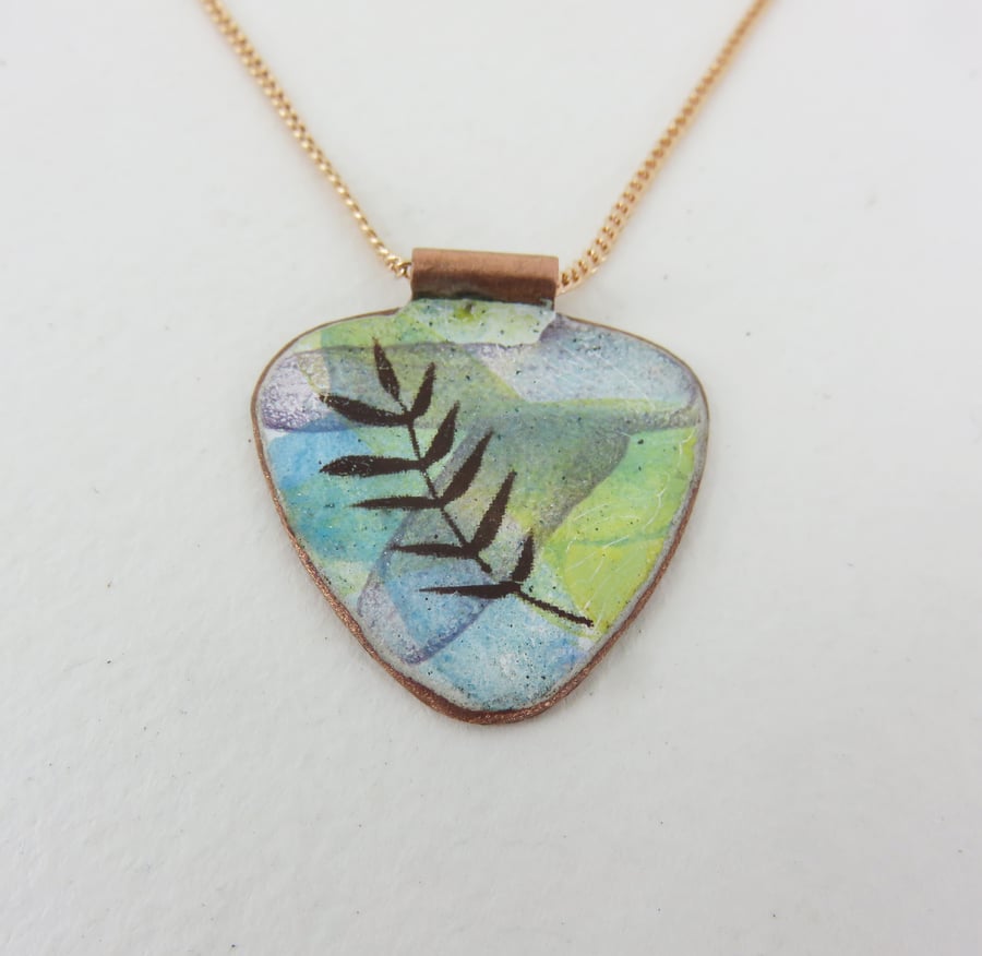 Triangle Copper Pendant with Colourful Enamel and Leaf Motif