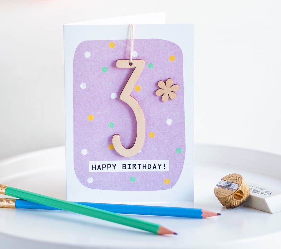 Age 3 Birthday Card - Keepsake Card, Handmade Card, Age 3, 3rd Birthday, Kids Ca