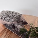 Needle felt Hedgehog on driftwood log with felt mushrooms