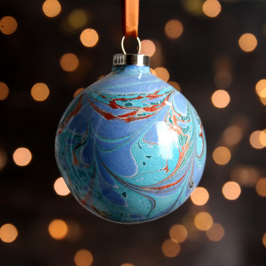 Copper, turquoise and teal marbled round ceramic Christmas bauble 