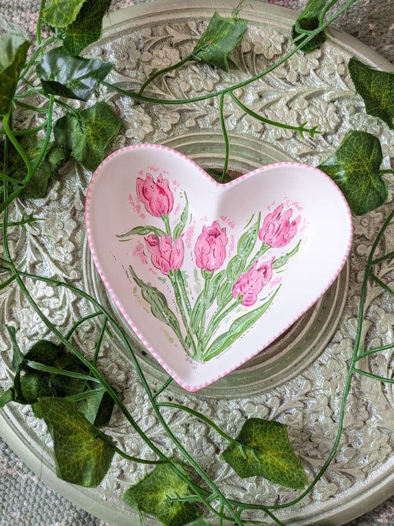 Pink Tulip hand-painted floral ring dish 