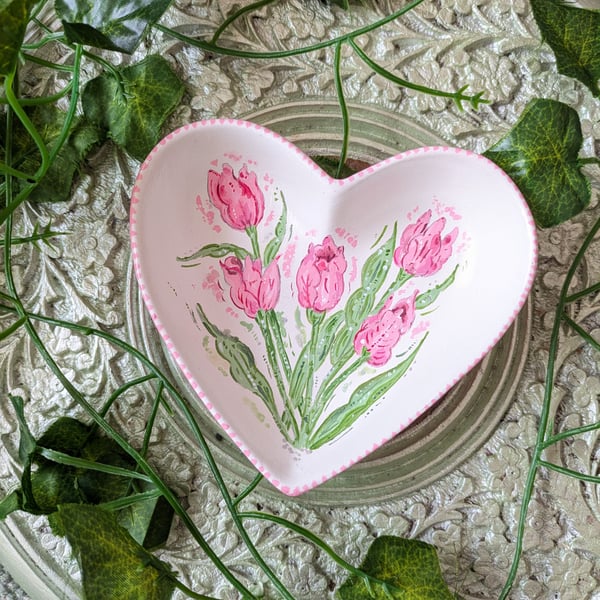 Pink Tulip hand-painted floral ring dish 