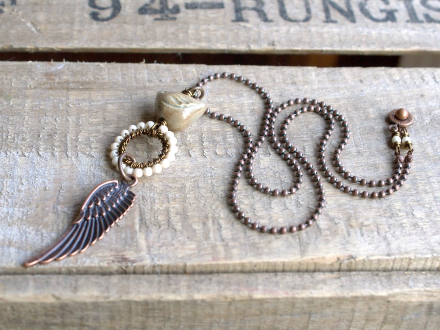 Ivory & Beige Ceramic Bird Necklace