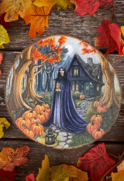 Mabon - Original Soft-Wax Pencil Drawing - Lg Solid Log-Slice Wall Art. Autumn