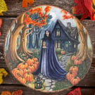 Mabon - Original Soft-Wax Pencil Drawing - Lg Solid Log-Slice Wall Art. Autumn