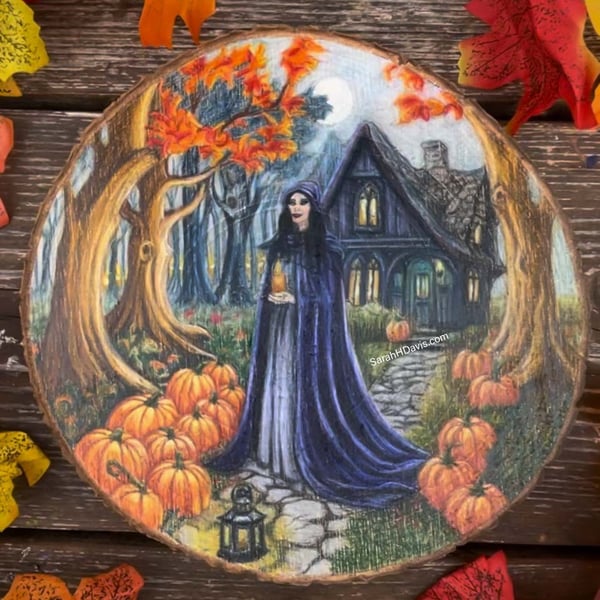 Mabon - Original Soft-Wax Pencil Drawing - Lg Solid Log-Slice Wall Art. Autumn