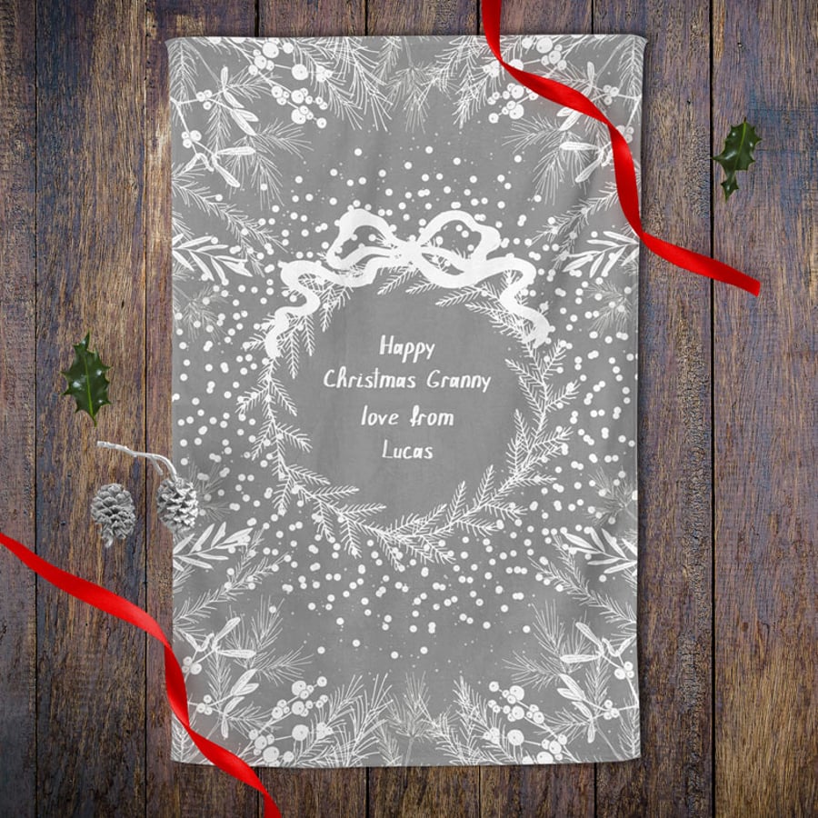 Grey Bow Personalised Christmas Tea Towel - 100% cotton Kitchen Gift