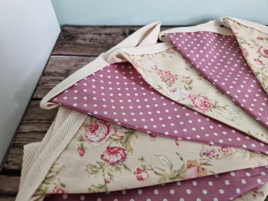 Ditsy Cream Floral & Rose Spotted Double Sided Handmade Fabric Bunting